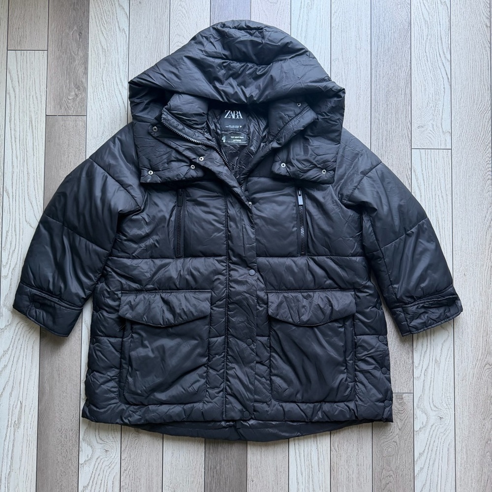 Zara TRF heat power extreme weather black nylon puffer hooded women’s jacket